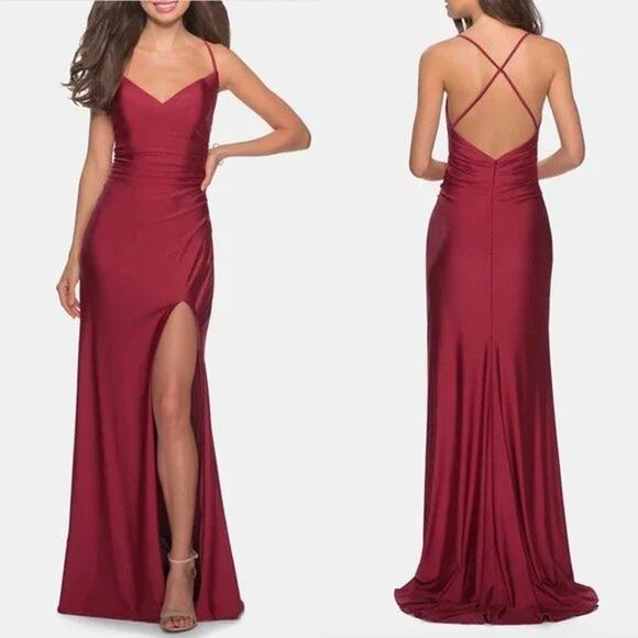 La Femme 28206 Long Crisscross Strapped High Slit Sheath Gown in Burgundy - Picture 1 of 8
